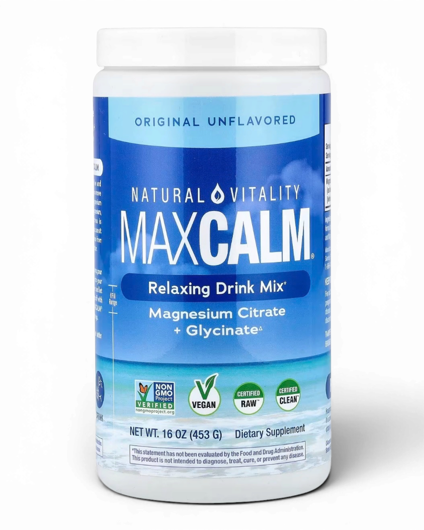 MAXCALM Magnesio Citrato + Glicinato Natural Vitality 453 g – Sin Sabor