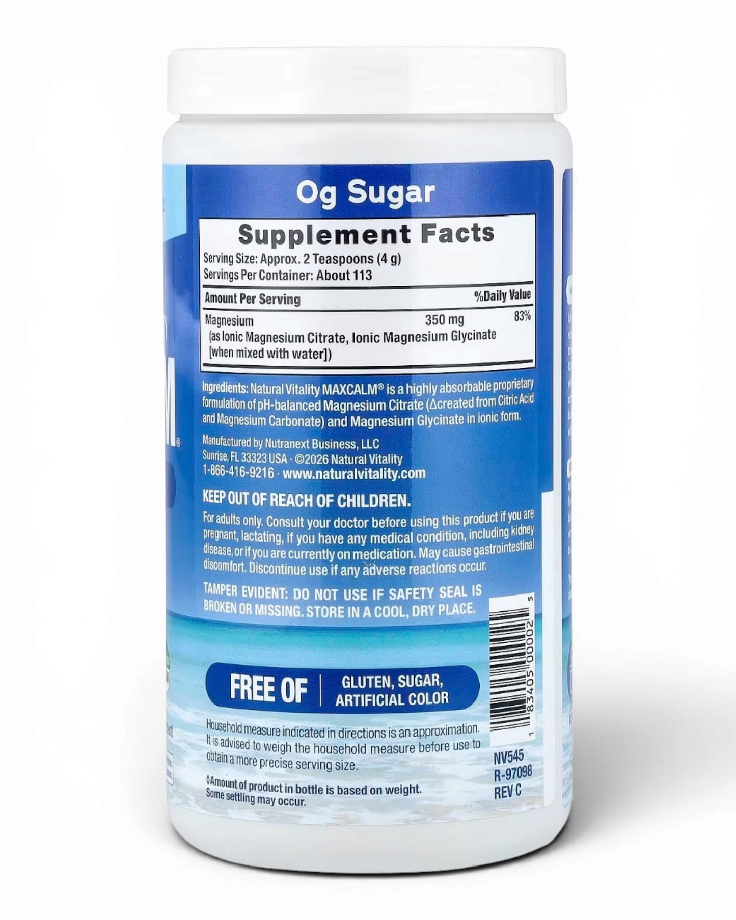 MAXCALM Magnesio Citrato + Glicinato Natural Vitality 453 g – Sin Sabor