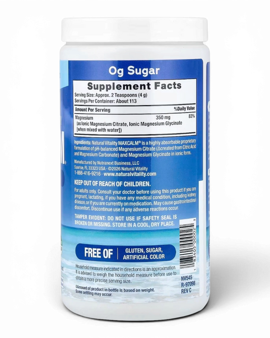 MAXCALM Magnesio Citrato + Glicinato Natural Vitality 453 g – Sin Sabor