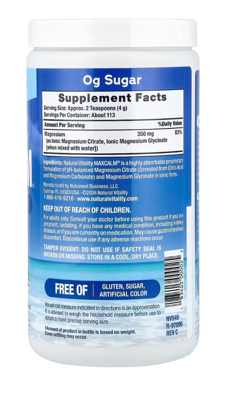 MAXCALM Magnesio Citrato + Glicinato Natural Vitality 453 g – Sin Sabor